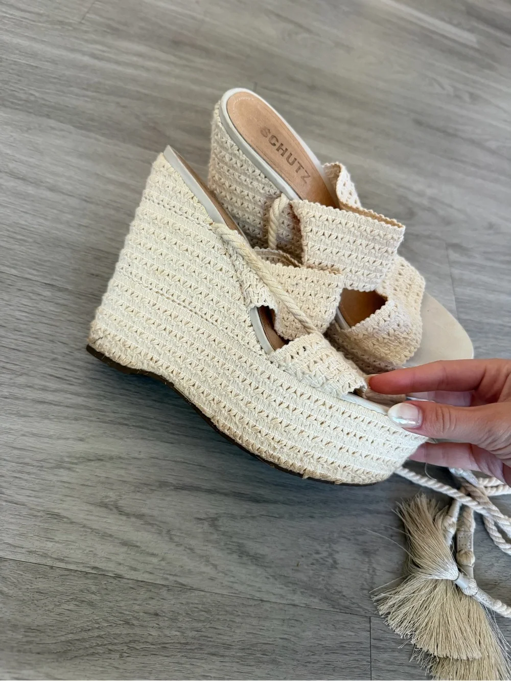 SCHUTZ Cream Woven Espadrille Wedge Sandals with Ankle Ties